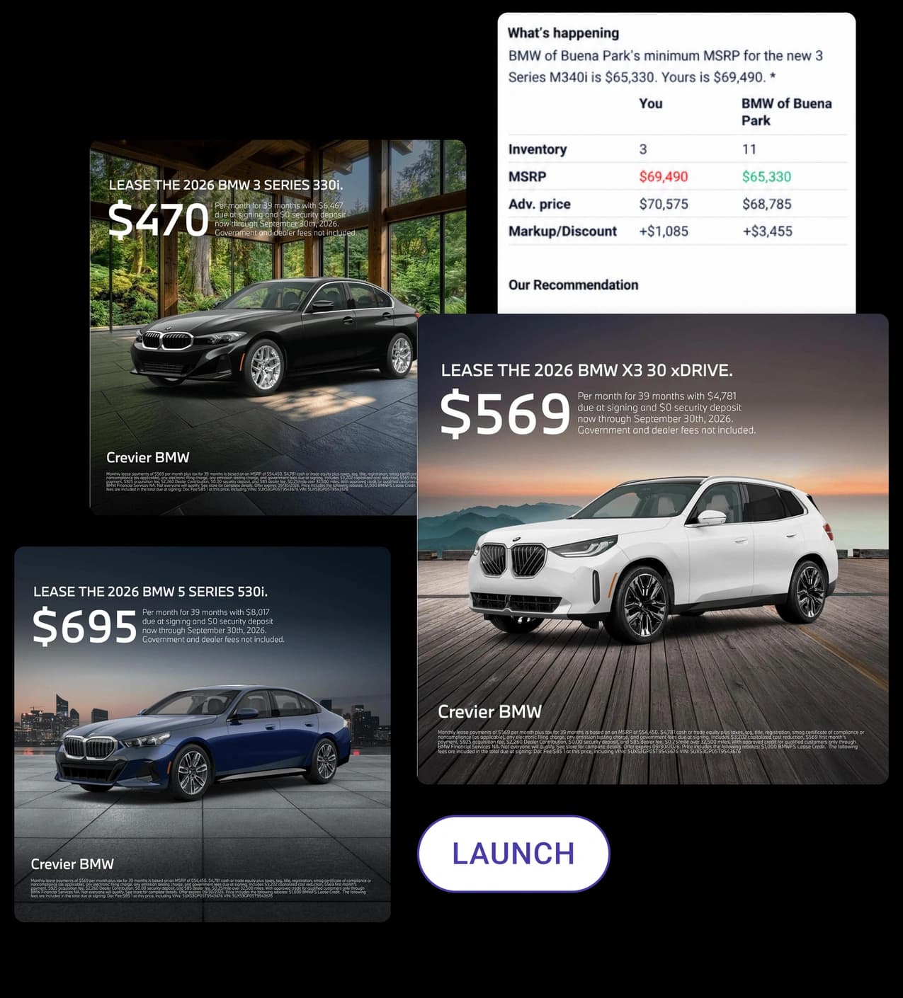 Three finished ad units, the MSRP comparison panel and a Launch control, confirming what is live.