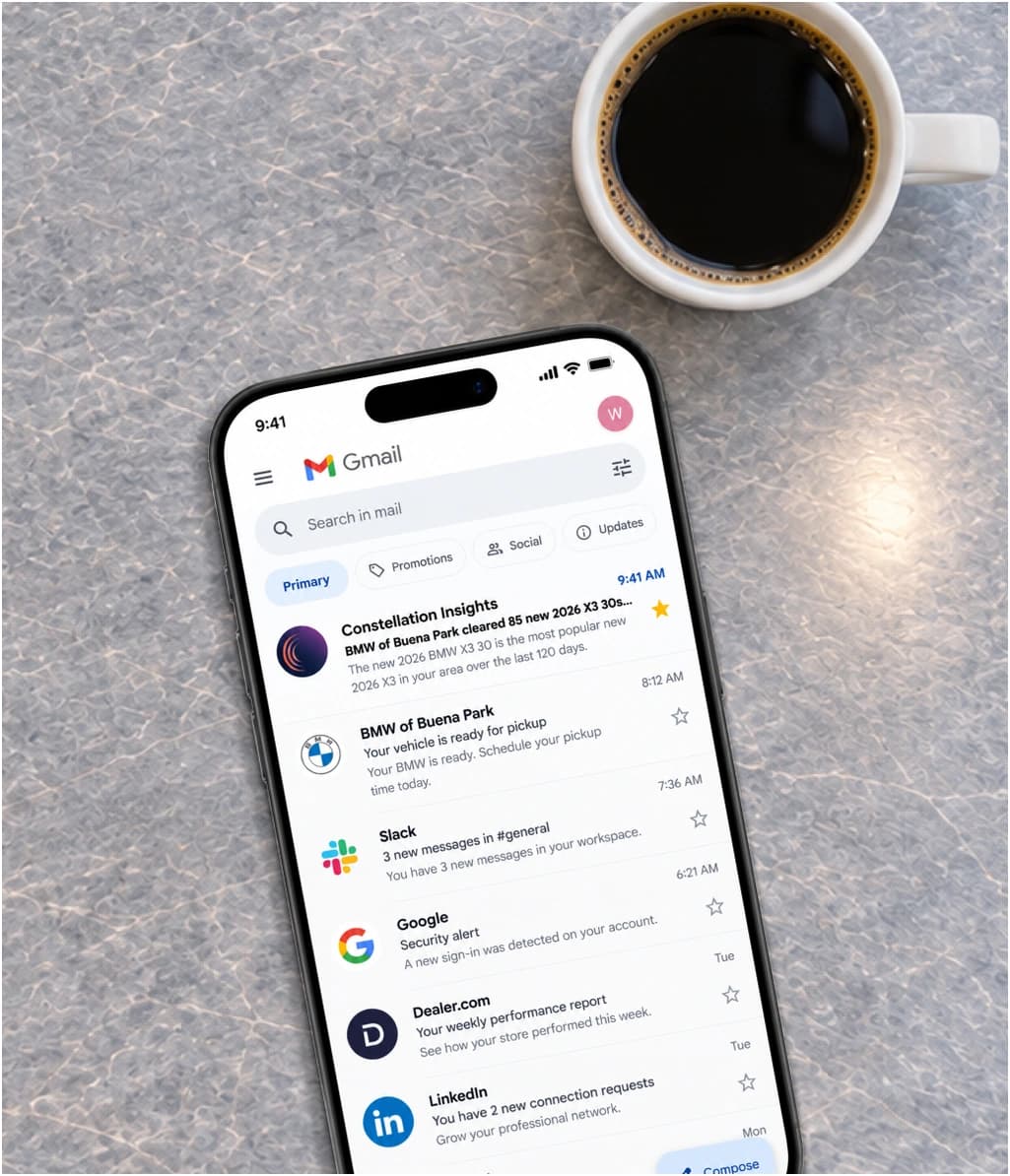 A Constellation Trigger email in the Gmail inbox on a phone, on a desk beside a coffee.